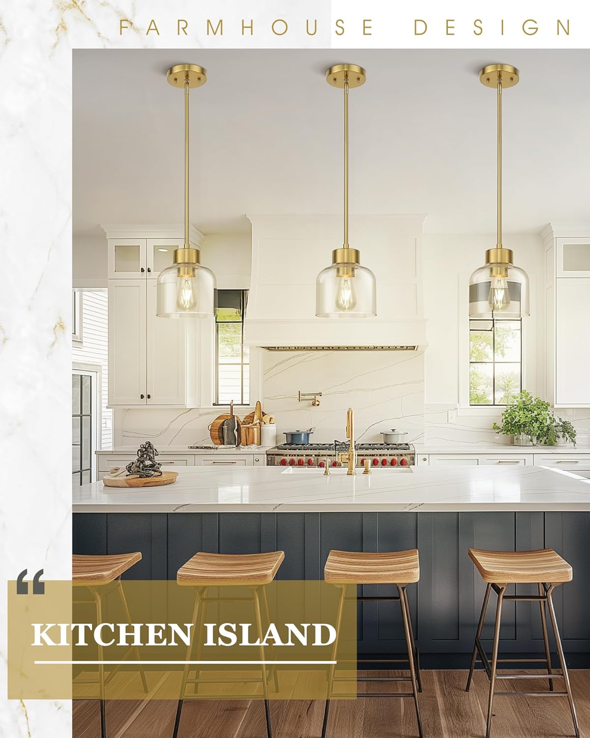 Gold Pendant Lights Kitchen Island, 7" Hanging Lights Fixtures with Clear Glass Shade, Modern Brass Kitchen Pendant Lighting Over Island for Dining Room, AD-24024-1P-GD