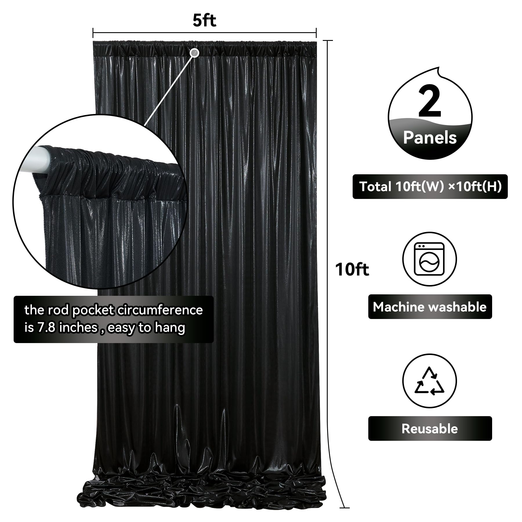 3 x 3 m, sfondo nero con paillettes per feste, senza pieghe, sfondo fotografico glitterato, 2 pannelli, 1,5 x 3 m, tessuto lucido per matrimoni, compleanni, Natale, sfondo fotografico