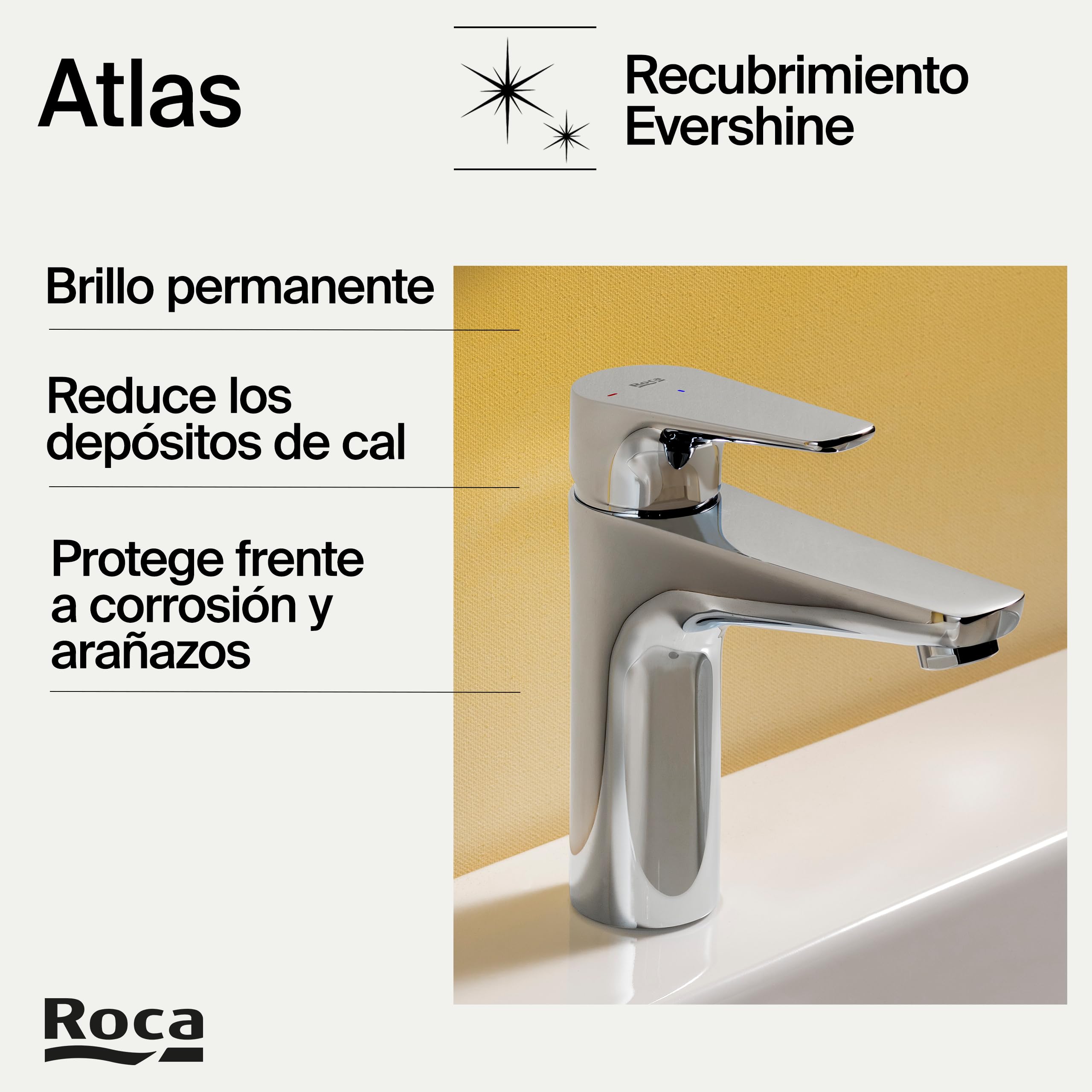 Roca Atlas Grifería para lavabo con tecnología Cold Start, grifo monomando de repisa con enlaces de alimentación flexibles, mezclador para cuarto de baño de fácil instalación, cromado, A5A3290C00