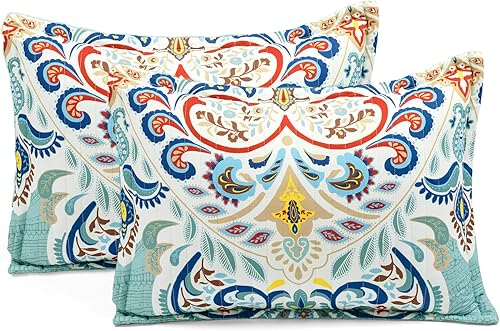 Miniatura 7 de Lush Decor Juego de edredón reversible de algodón bohemio chic de 3 piezas, tamaño King, espuma de mar y rojo, estampado de cachemira brillante,