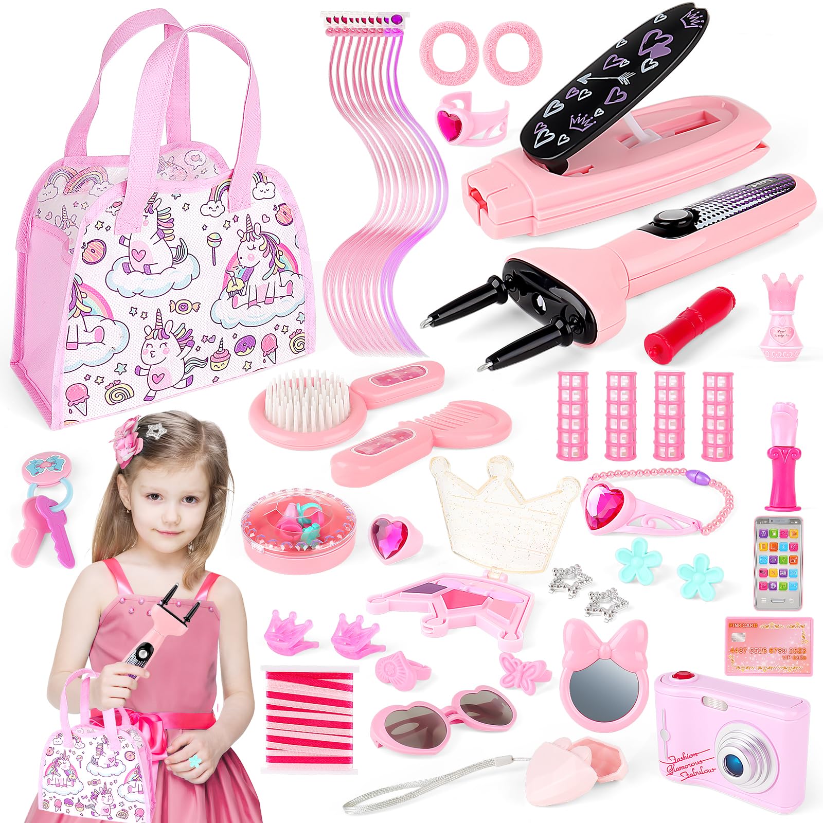 deAO Maquillaje para Niñas,Juego de Belleza Estilismo y Moda Conjunto de Accesorios Fashion Bolso de Mano Incluye Maquillaje Artificial Teléfono y Cámara de Juguete