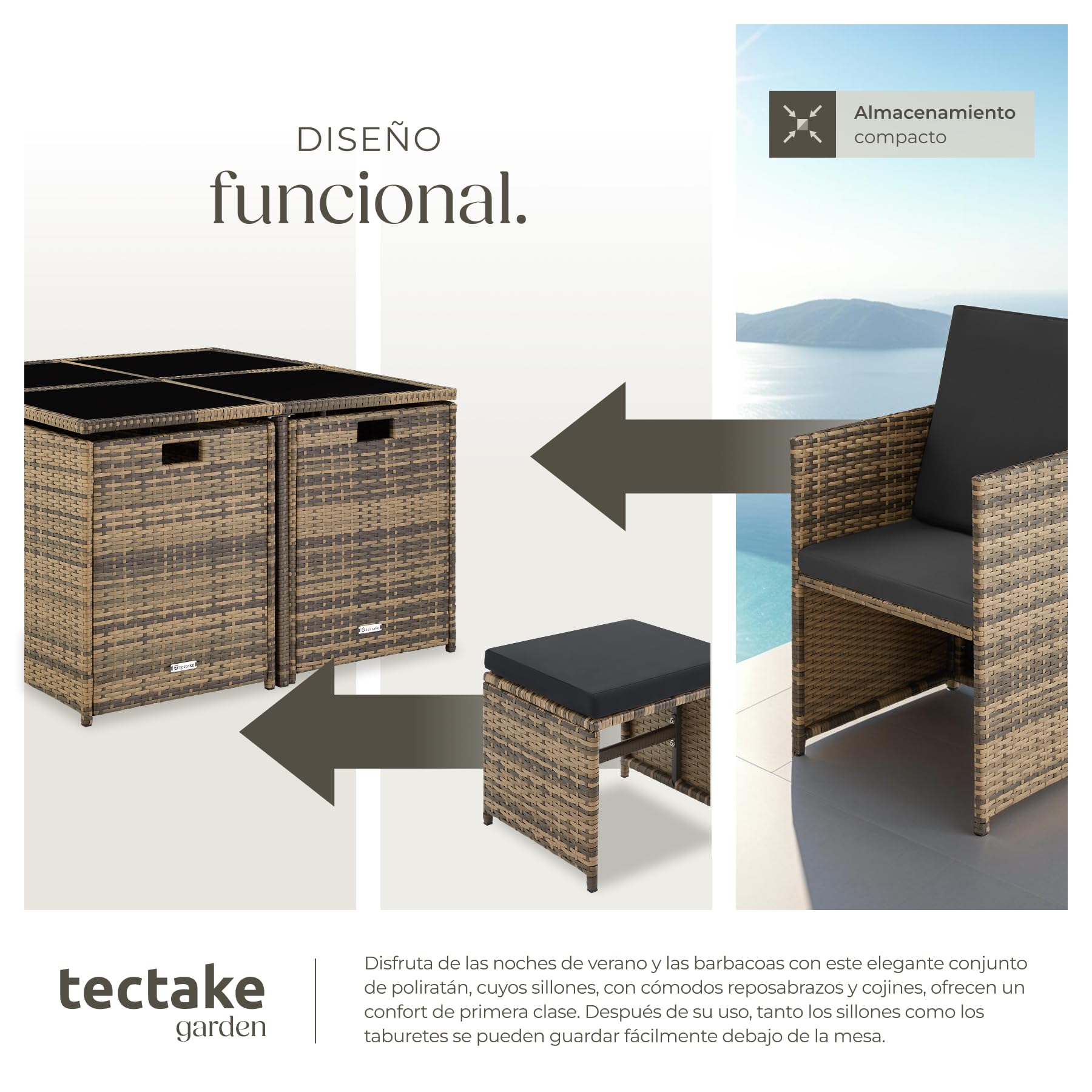 tectake® Conjunto Jardín Exterior de Ratán y Acero, Compacto y Agrupable en Cubo, Muebles Jardín Exterior Resistente a la Intemperie, para 4-8 Personas, Fundas Extraíbles y Funda Protectora - Natural