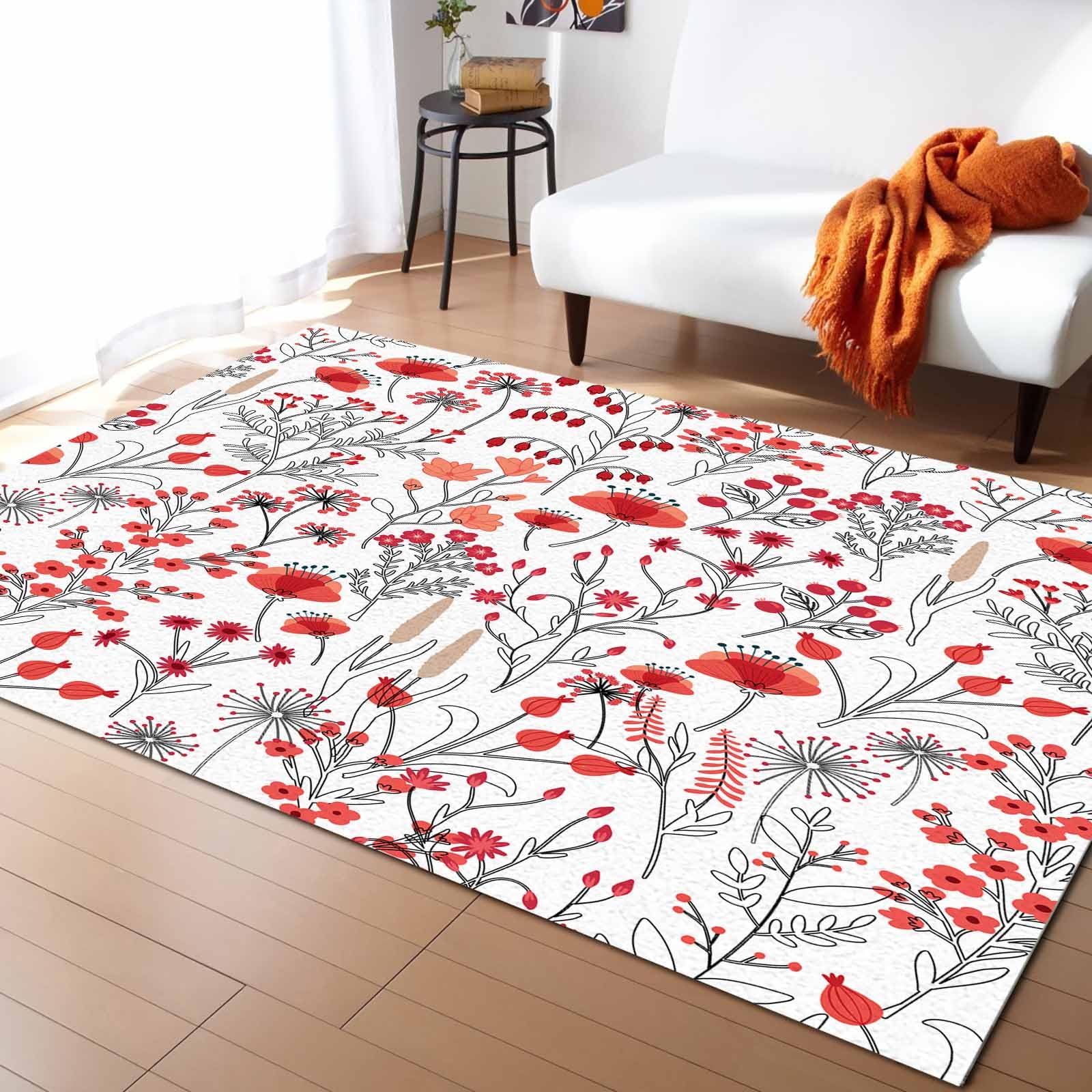 Floral Area Rug for Living Room 2x3 Modern Rug Washable Abstract Area Rug Large Non Slip Plants Leaves Red Flowers Floor Carpet Mat Soft Indoor Rug
