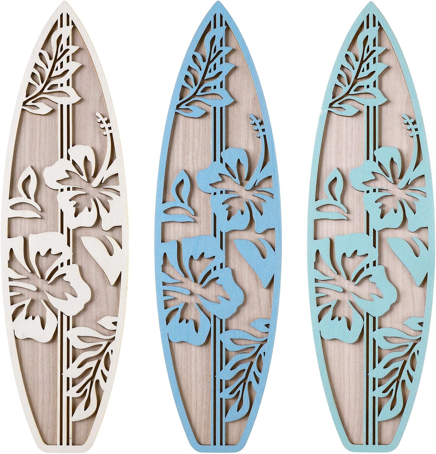 RattanView 3 Pieces Surfboard Decor for Bedroom Wooden Beach Wall Decor Summer Wood Surfboard Wall Hanging Sign for Tropical Living Room Decoration(Hibiscus,Blue)