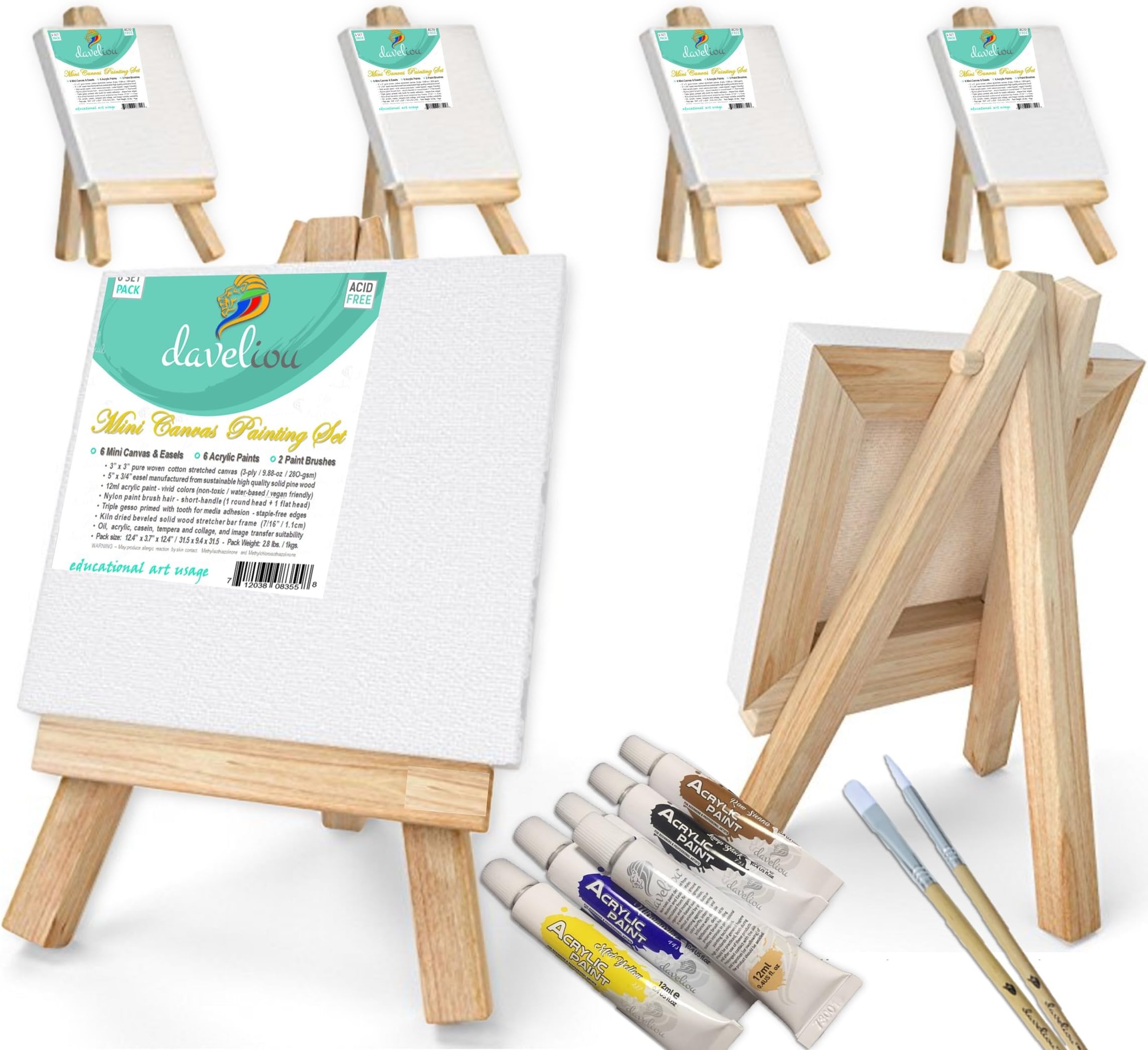 Daveliou 3x3” Mini Canvas Painting Set, Includes 6 Blank Stretched Framed Canvases, 5” Easel, 6 Acrylic Paints, 2 Brushes