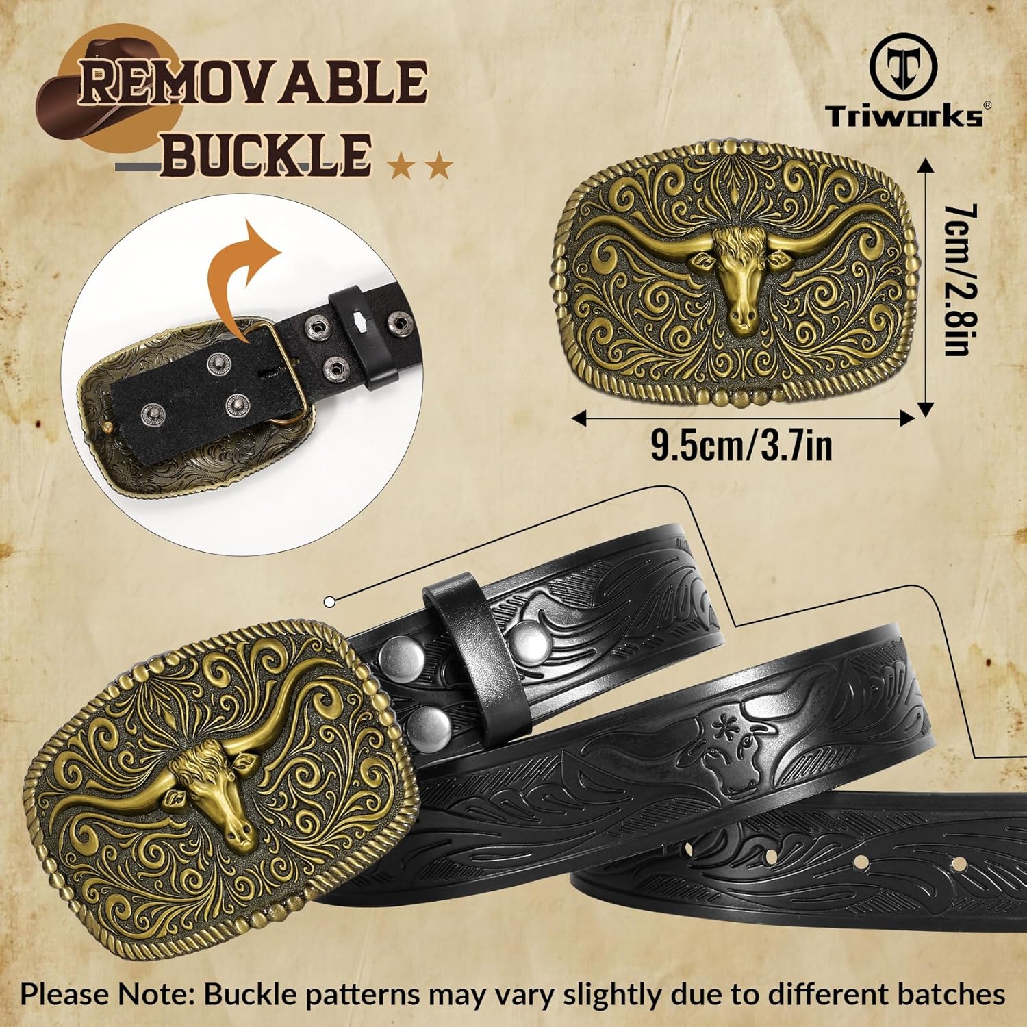 TRIWORKS Western Belt for Men Women Cowboy Engraved Belt Western Buckle Embossed Leather Belt - Image 2