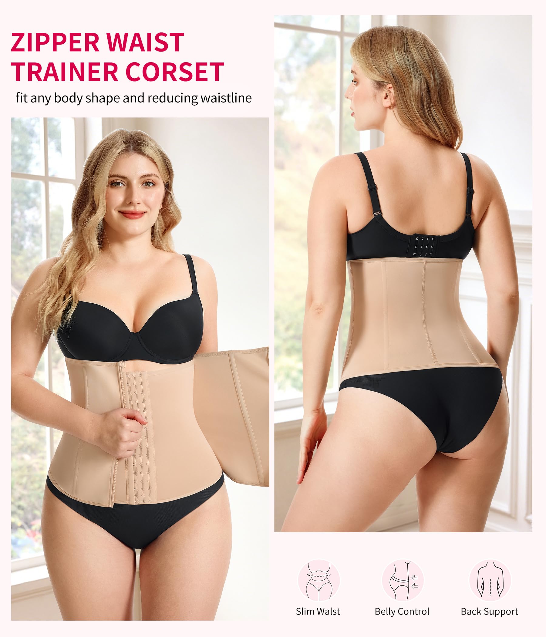 Gotoly Entrenador de cintura para mujer, corsé con cremallera, faja moldeadora para control de abdomen, faja de entrenamiento