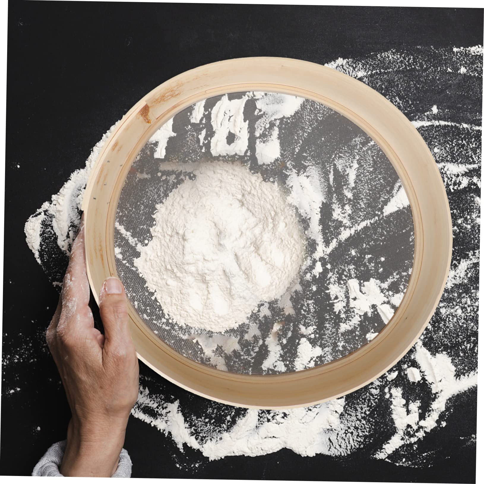 OKUMEYR Wooden Flour Sifter Fine Mesh Sieve Baking Tool for Household Use Multi-functional Kitchen Strainer for Flour Cocoa Powder and Sugar
