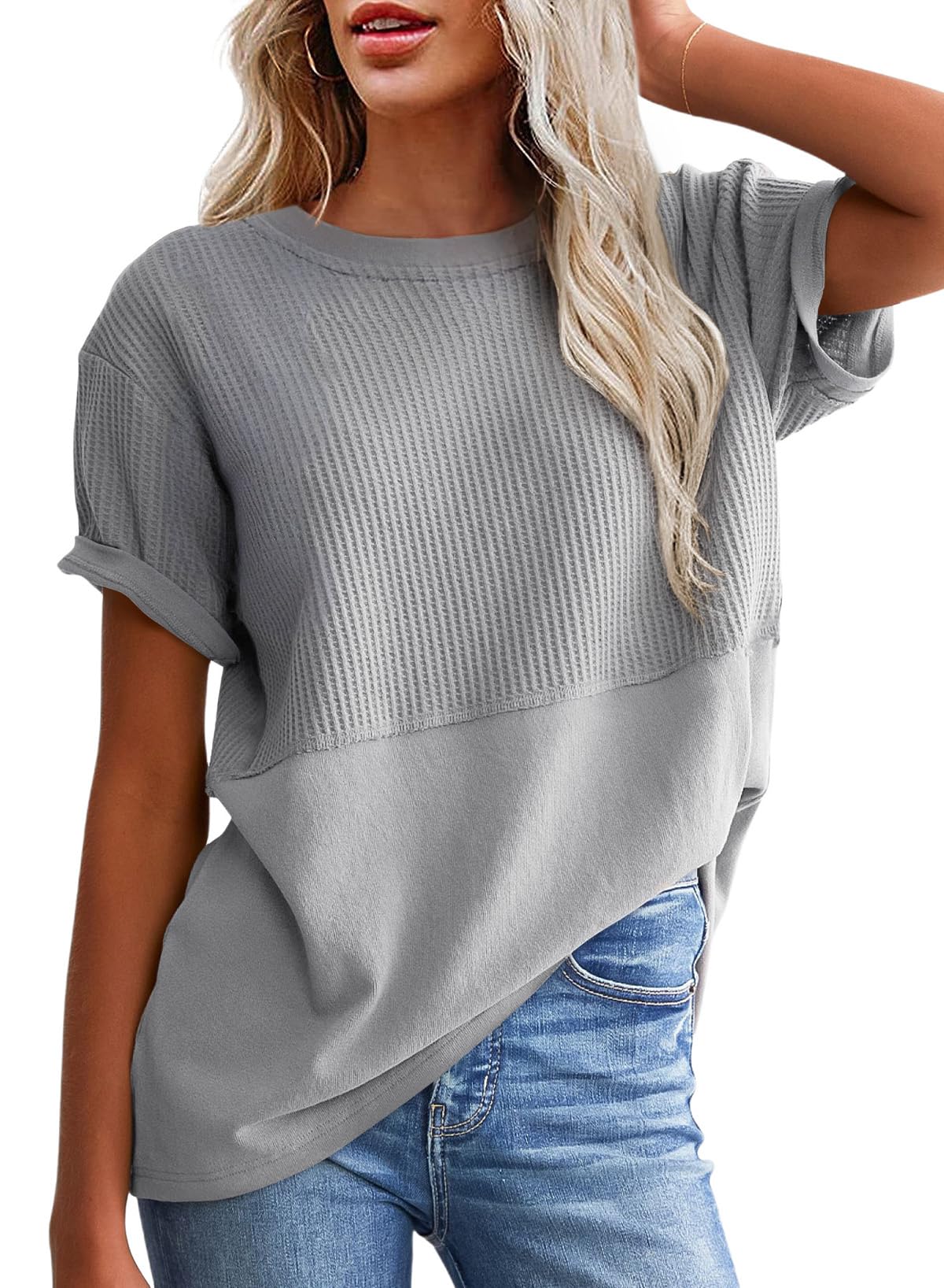 SHEWIN Womens Casual V Neck Waffle Knit Tops Short Sleeve T Shirts Loose Blouses