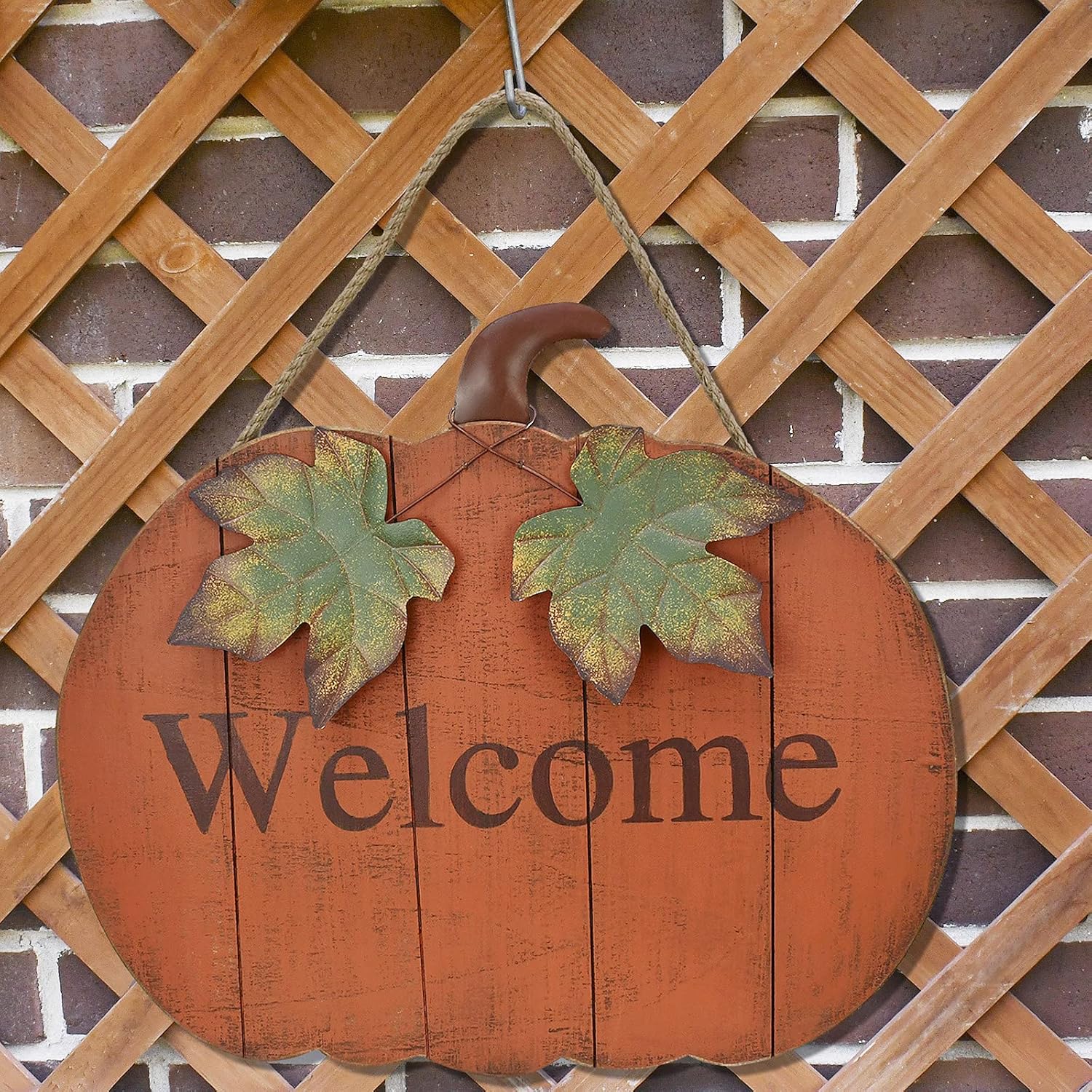 Wooden Pumpkin Welcome Sign Hanging Fall Front Door Decor Rustic Wood Autumn Decoration Decorative Flat Pumpkin Indoor Outdoor Home Decor for Harvest Halloween Thanksgiving (Large)