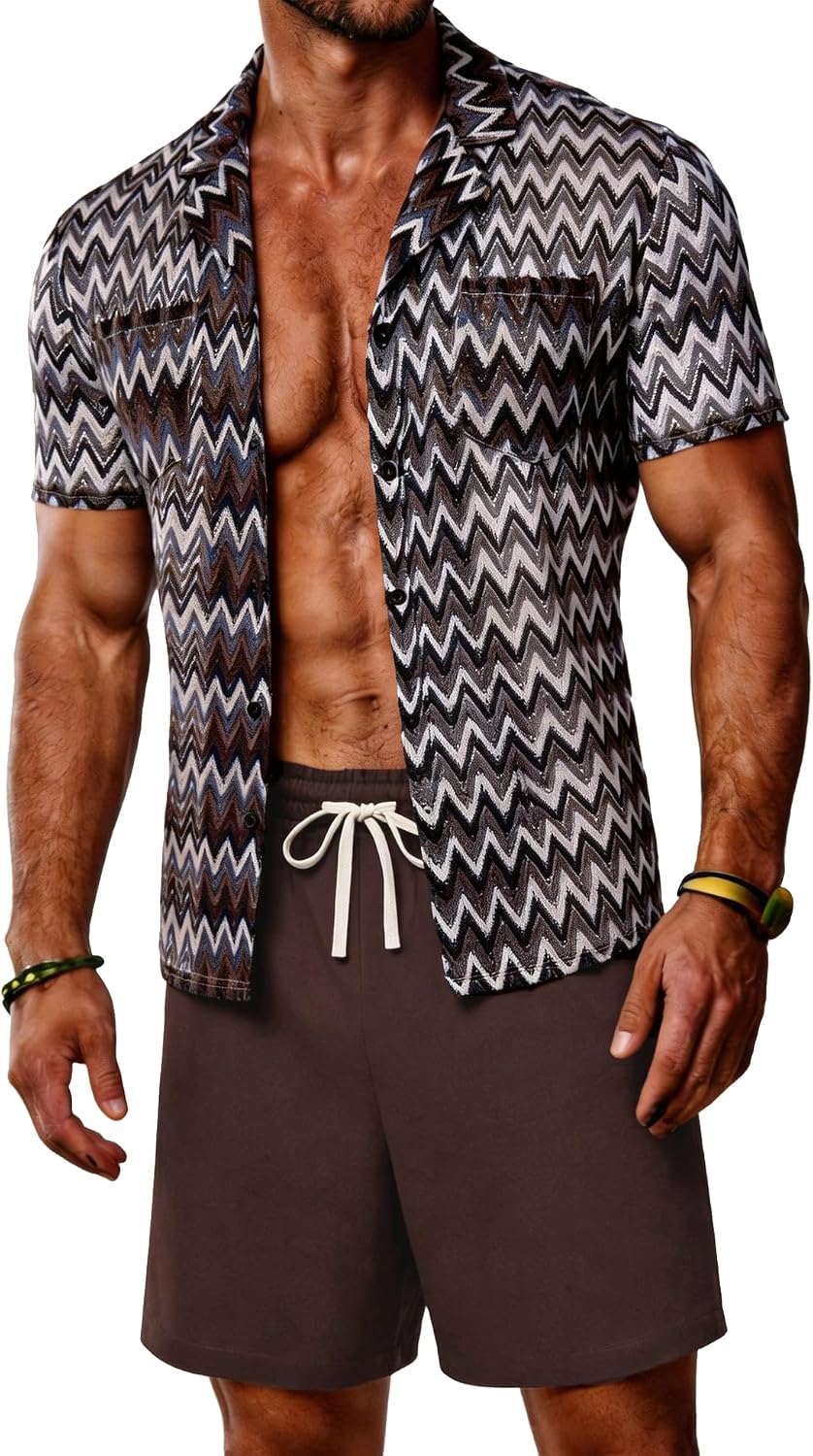 Mens 2 Pieces Outfits Summer Beach Set Tracksuit See Through Sheer Hollow Out Short Sleeve Lace Shirts and Shorts Sets