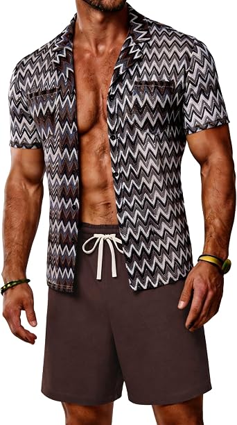 Mens 2 Pieces Outfits Summer Beach Set Tracksuit See Through Sheer Hollow Out Short Sleeve Lace Shirts and Shorts Sets