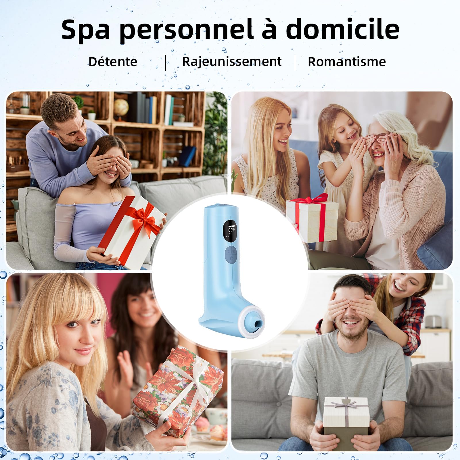 Spa de bain jet avec mode mousse, jet d'eau à 3 niveaux, 7 couleurs RVB, IP67, affichage de la température, plaisir du bain en famille à la maison