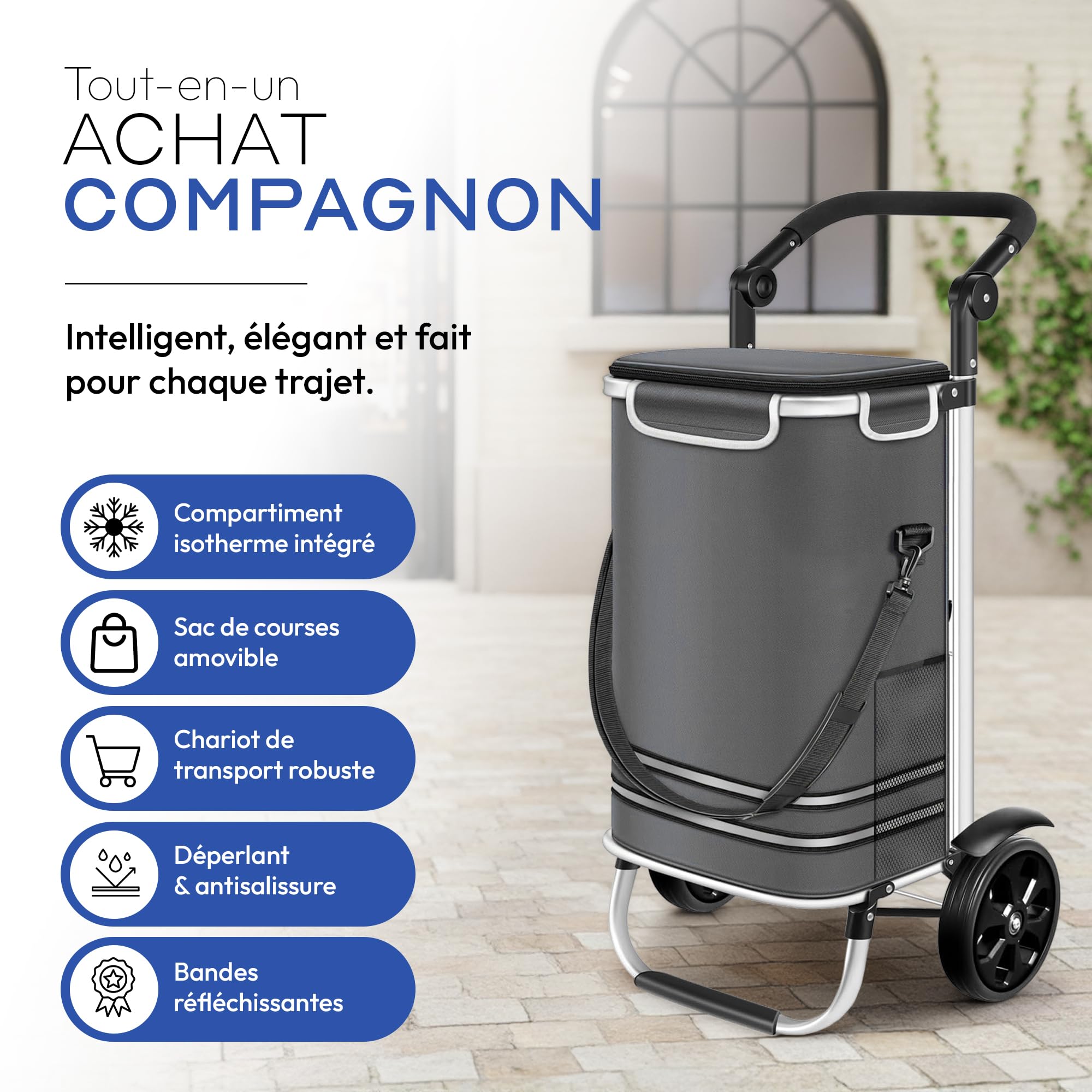 Dimono® Chariot de Courses Pliable 56 L avec Compartiment Isotherme | Trolley 3 en 1 amovible - caddie à roulettes imperméable - sac isotherme intégré - 30 kg