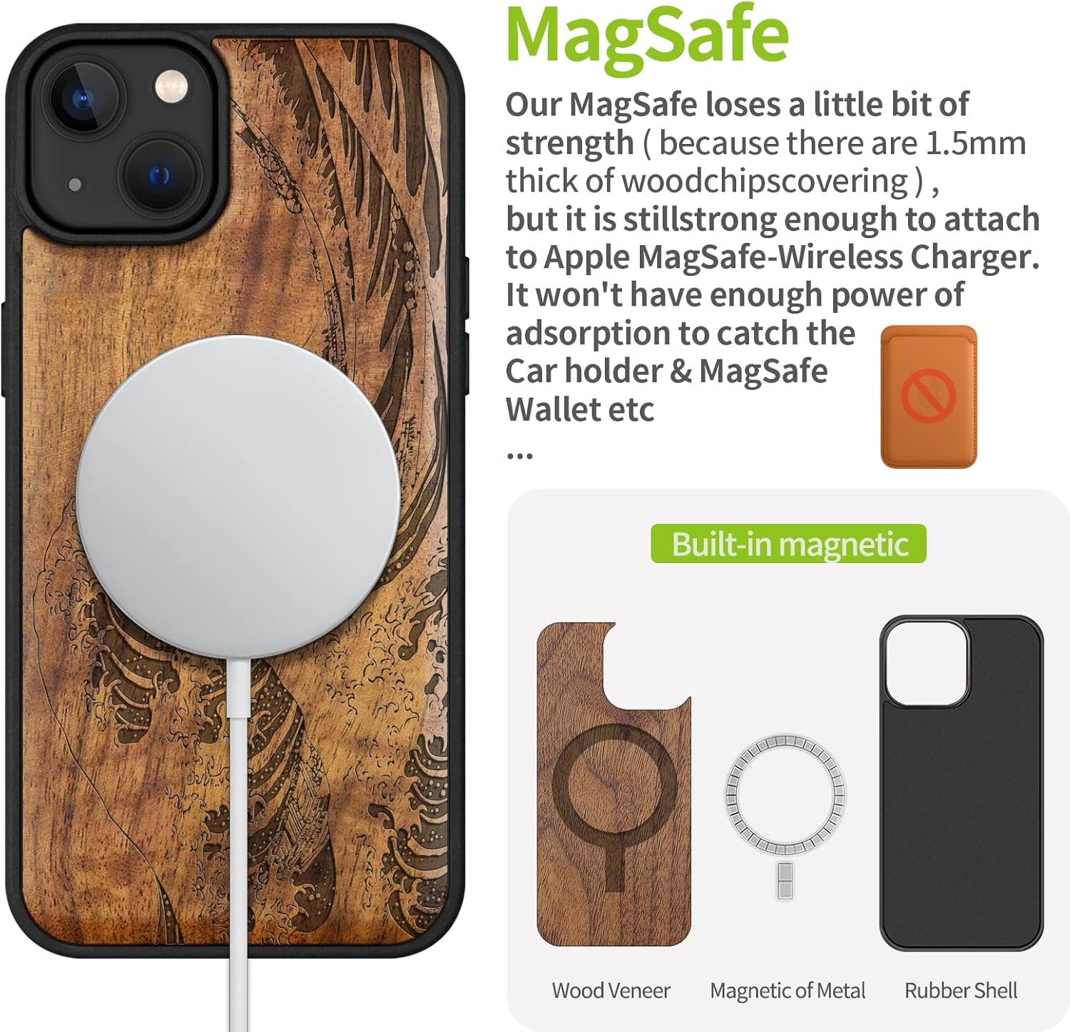 Carveit Magnetic Wood Case for iPhone 14 Plus Case [Natural Wood & Black Soft TPU] Shockproof Protective Cover Wooden Case Compatible with magsafe (The Great Wave Off Kanagawa -Walnut)
