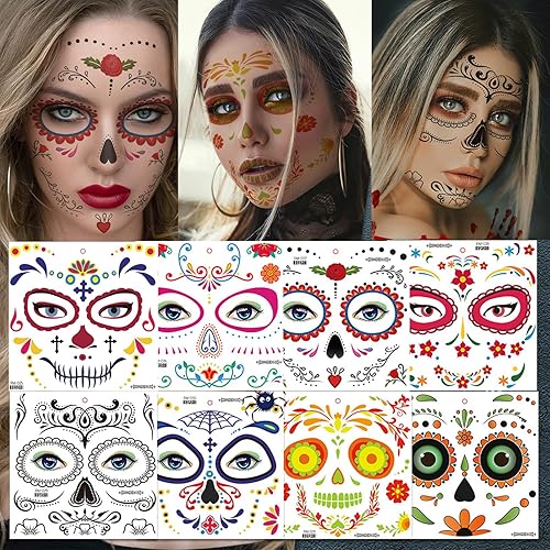 Calcomanías temporales de tatuaje de cara de Halloween, Día de los Muertos, disfraz de calavera de azúcar, máscara de esqueleto negro floral para