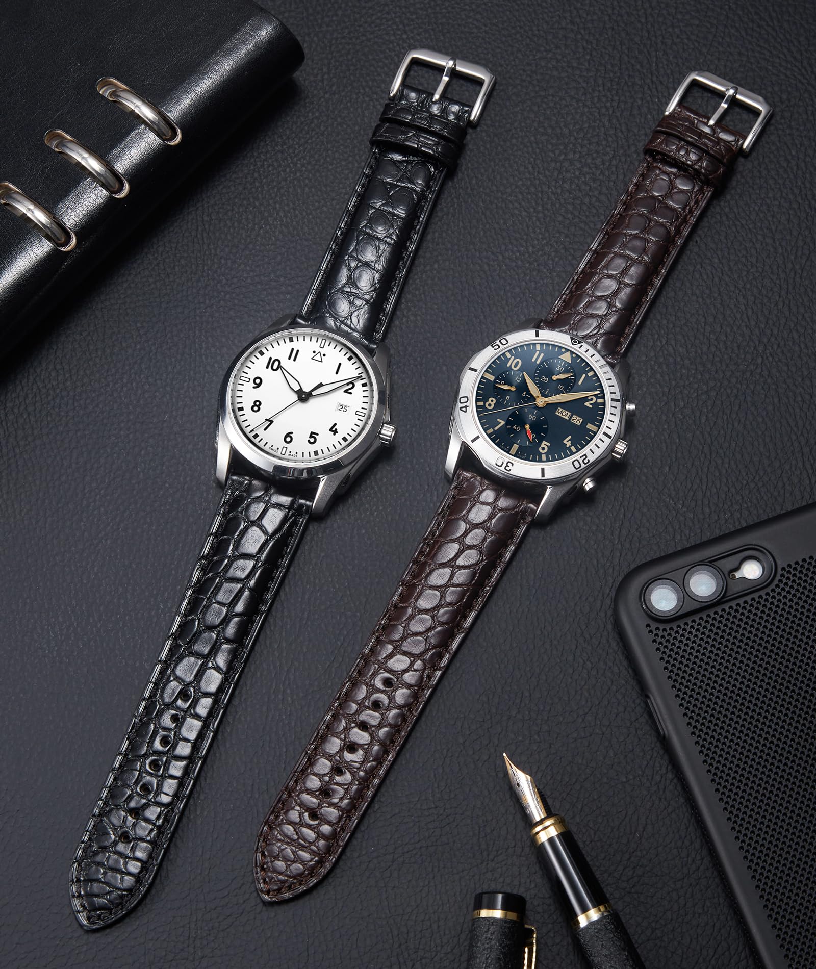 BINLUN Bracelet en Cuir Gaufrage Crocodile Bracelet Montre Leather Alligator Gravure pour Homme Femme 18 19 20 21 22mm Boucle Ardillon à Libération Rapide Strap
