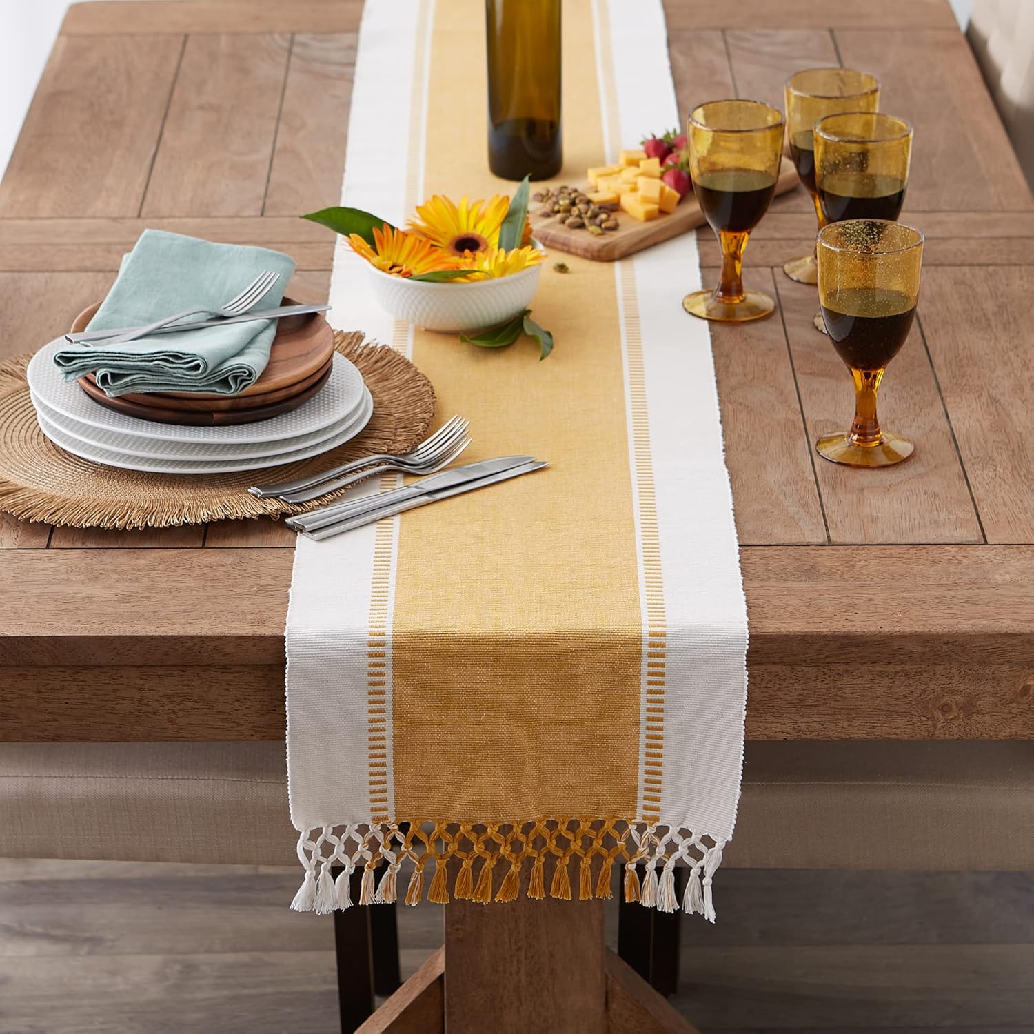 DII Dobby Stripe Woven Table Runner, 13x108 (13x113.5, Fringe Included), Honey Gold