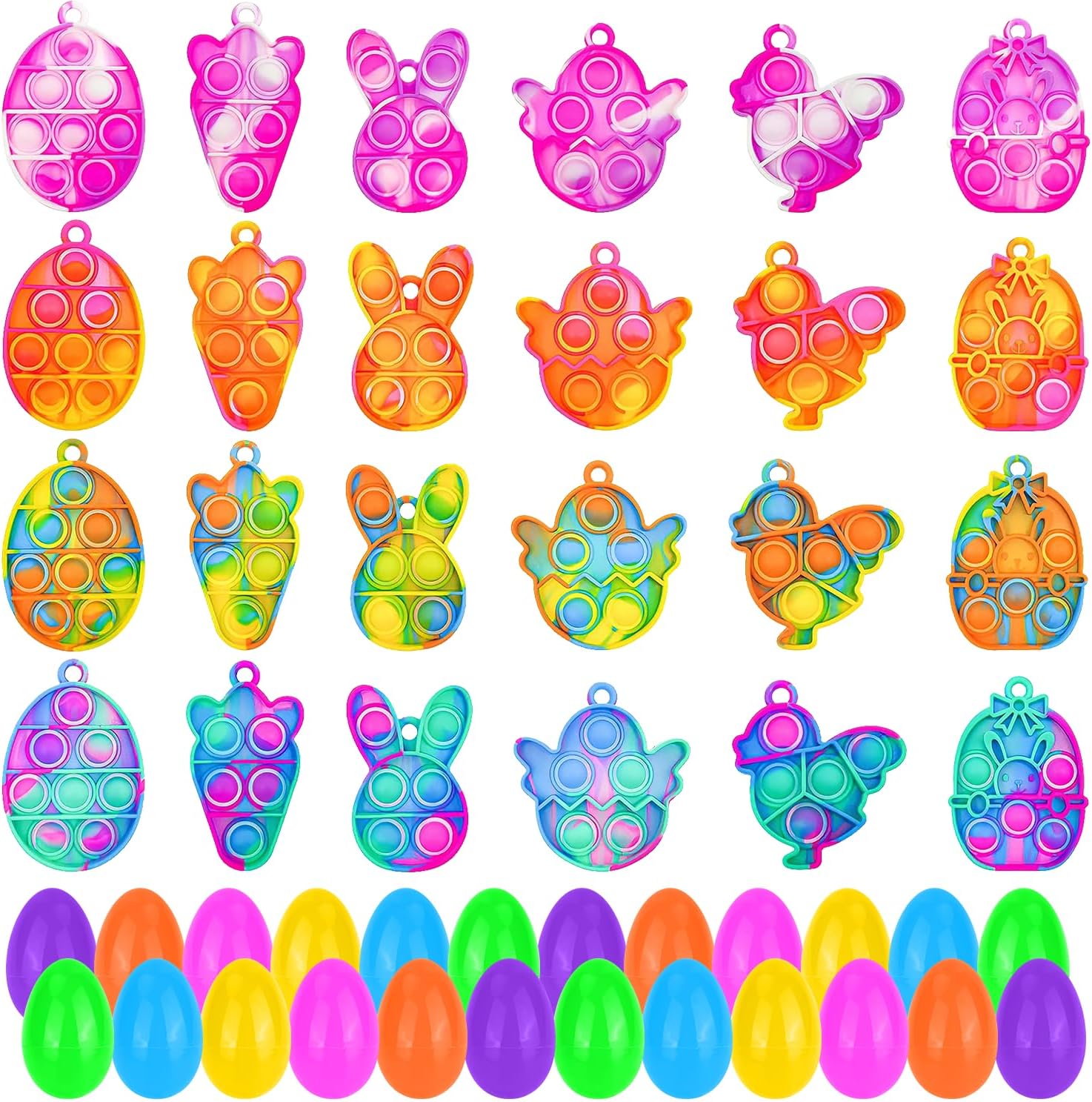 24 Pack Prefilled Easter Eggs with Mini Pop Keychain Fidget Toys Easter Eggs Filled for Kids Boys Girls Easter Basket Stuffers Party Favors Fillers Hunt
