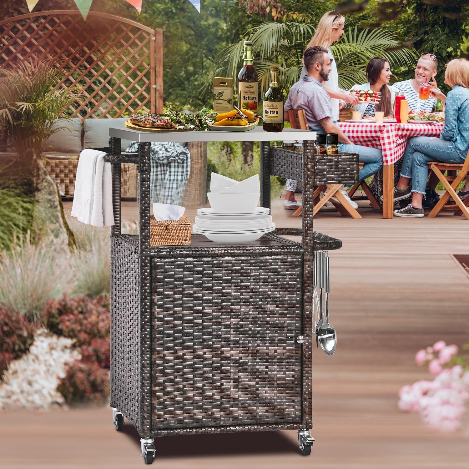 Grill Cart Outdoor with Wheels Outdoor Prep Table Grill Station with Storage Outdoor Kitchen Island Serving Cart with Stainless Steel Table Top BBQ Storage Cabinet for Outside Wicker Bar Cart Brown