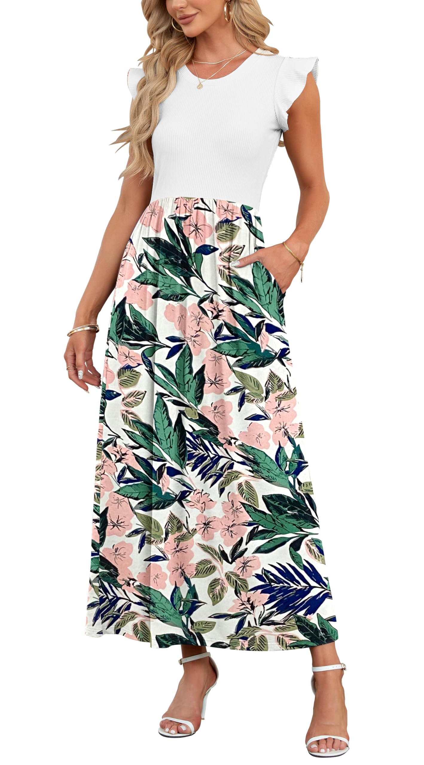 AUSELILY Damen Sommer Rundhalsausschnitt Maxi Kleid mit Taschen Kurzarm und Rüschen Lässiges Hohe Taille Langes Lockeres Bodenlanger Rock