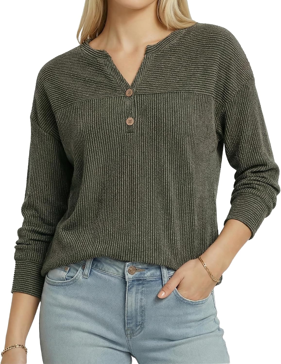 MANGOPOP Tunic Tops for Women Loose Fit Dressy - Ribbed Henley V-Neck, Soft Smart Casual Top Work Weekends