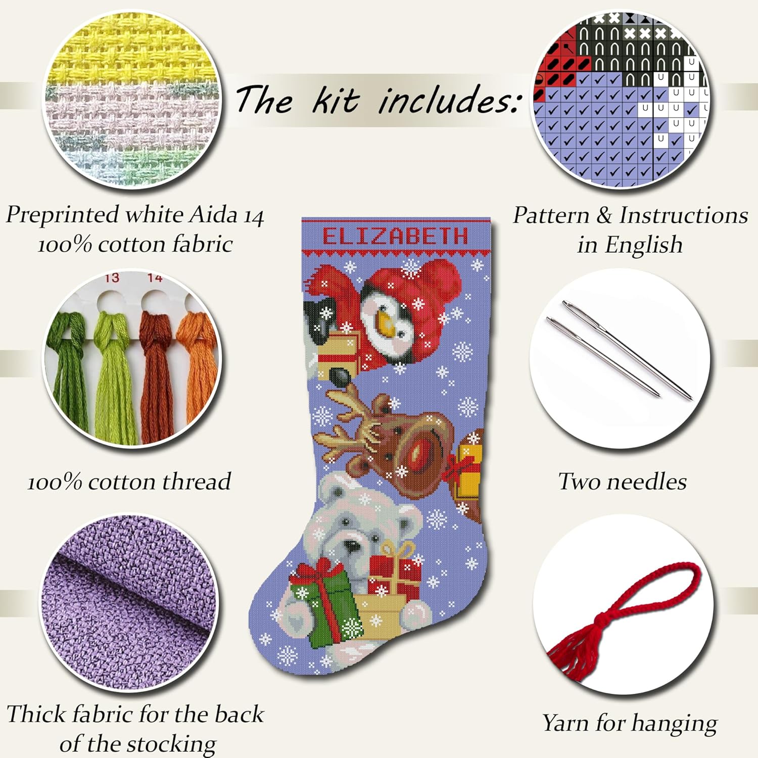 Stamped Cross Stitch Kit for Adults – Personalized Christmas Stocking with Penguin, Reindeer & Polar Bear – Counted Embroidery Pattern for Beginners – DIY Holiday Decoration