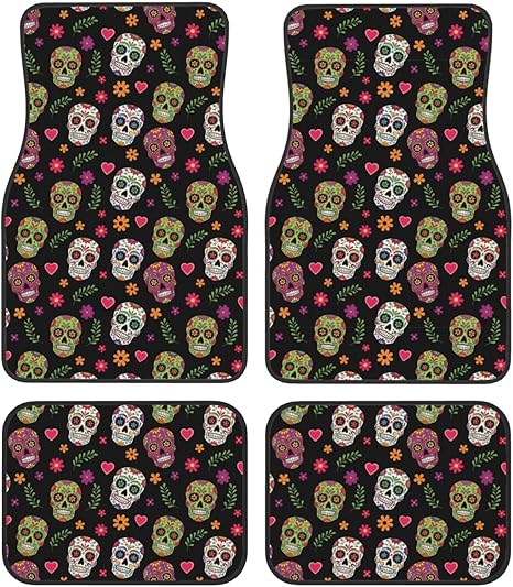 4 Piece Non-Slip Automotive Floor Mats Full Set, Heavy Duty Universal Fit for Most Cars, Trucks and SUVs, Day of The Dead Sugar Skulls Cars Mat Set All Weather Protection