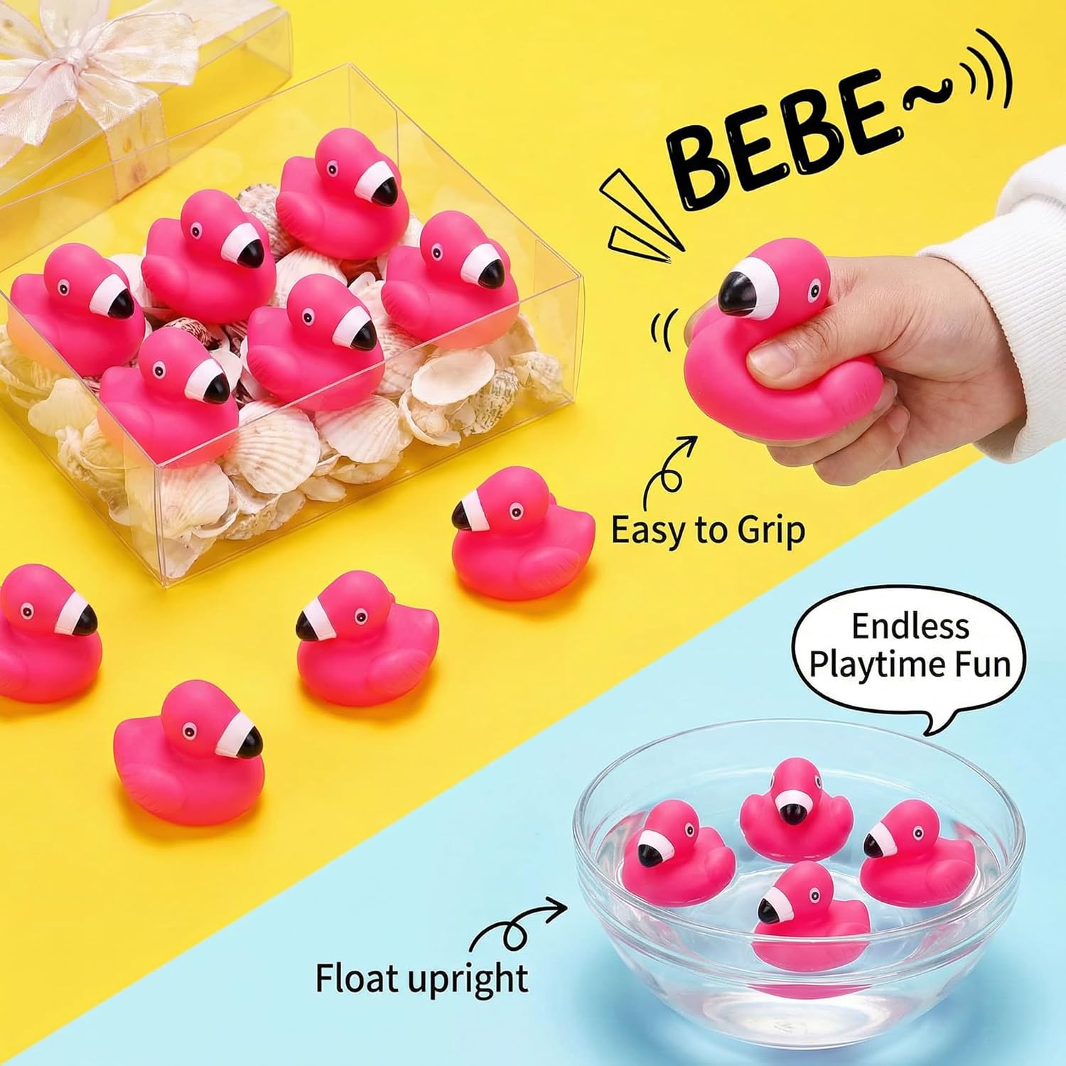 Goaste 50 Pieces Flamingo Rubber Ducks Bulk, Pink Flamingo Bath Toys, Cute Floating Squeaky Bathtub Ducks for Baby Shower, Birthday Party, Cake Decoration, Classroom Prizes