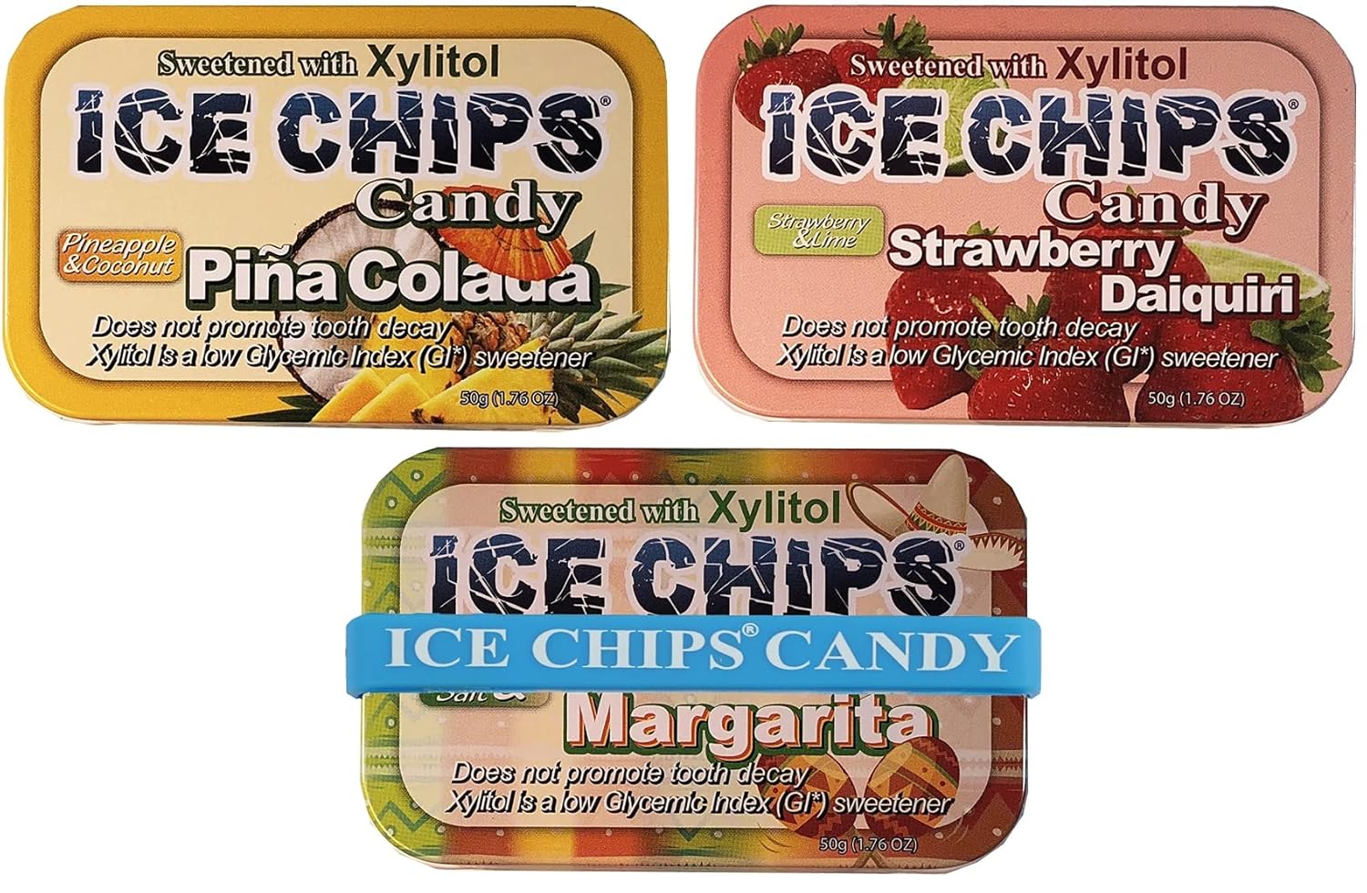 ICE CHIPS Xylitol Candy 3 Pack Assortment 5.28 oz total (Strawberry Daiquiri, Margarita, Pina Colada) Includes BAND as Shown