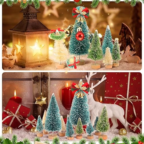 Miniatura 6 de 67 piezas de árboles de Navidad esmerilados de sisal en miniatura, botella de copo de nieve, árboles de cepillo con base de madera, juego de mini