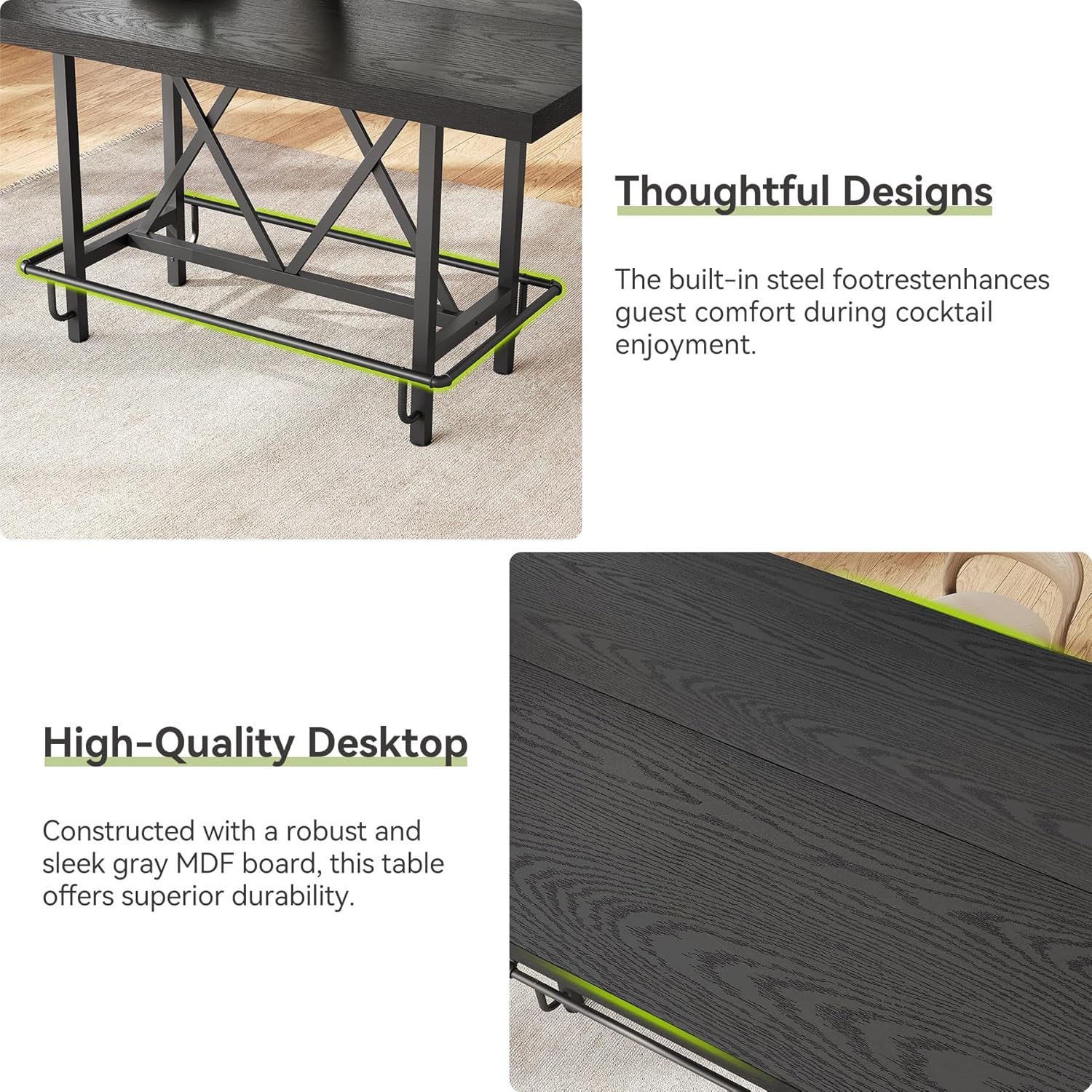 LITTLE TREE 63-Inch Industrial Bar Table with Metal Footrest, Counter Height Pub Table for Kitchen, Home Bar & Entertaining (Black)