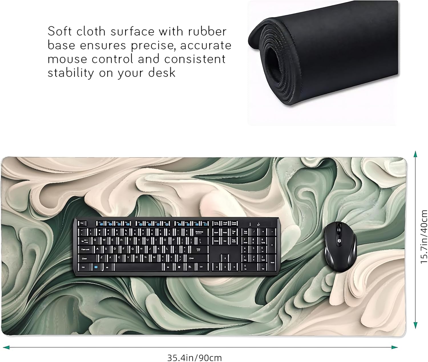 Aesthetic Fluid Gaming Mouse Pad, Sage Green Minimalist Desk Mat with Anti-Slip Base & Stitched Edges,35.4" x 15.7" in Desk Accessories for Women, Home Office Decor & Artistic Gift