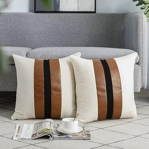 Miniatura 2 de JASEN Juego de 2 fundas de almohada de cuero de 20 x 20 pulgadas, fundas de almohada decorativas en blanco y negro de color marrón, funda de cojín