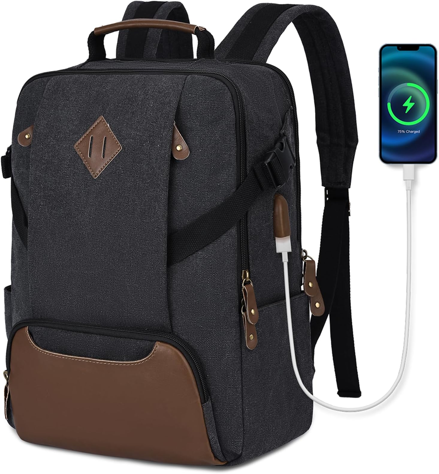 Kasqo Laptop Backpack 15.6 Inch Canvas Waterproof Anti Theft Business Travel College Computer Bag 18.8L Carry on Bag with USB Charging Port for Women Men, Black