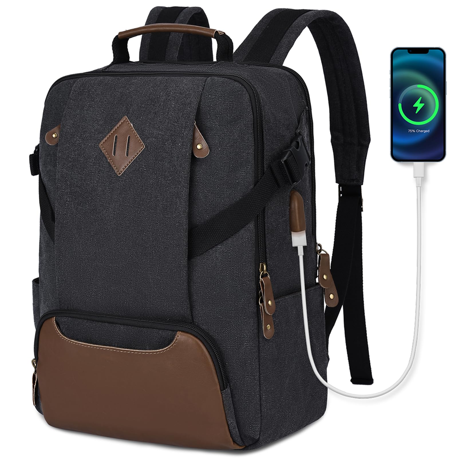 Kasqo Laptop Backpack 15.6 Inch Canvas Waterproof Anti Theft Business Travel College Computer Bag 18.8L Carry on Bag with USB Charging Port for Women Men, Black