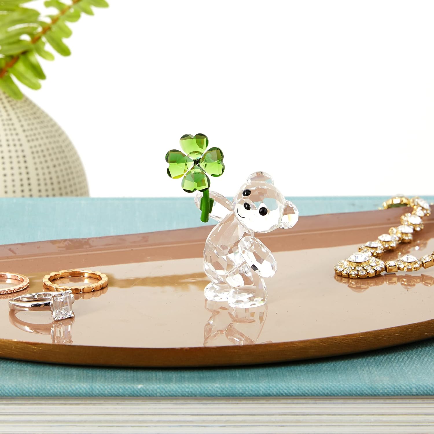 SWAROVSKI Kris Bears Lucky Charm Figurine, Clear Swarovski Crystal with a Green Four-Leafed Clover Accent, Part of the Swarovski Kris Bears Collection : Home & Kitchen
