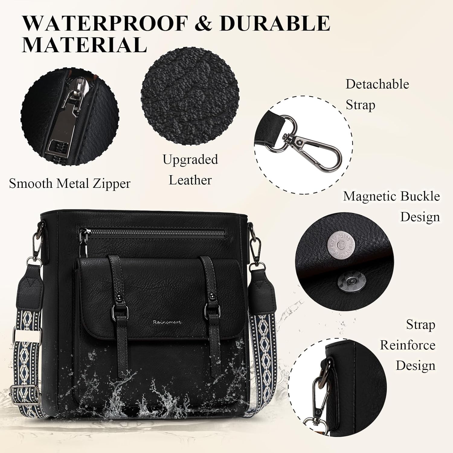 RAINSMORE Crossbody Bag for Women, Waterproof Leather Crossbody Purses Lightweight Handbags Shoulder Bag Travel Purse - Image 4