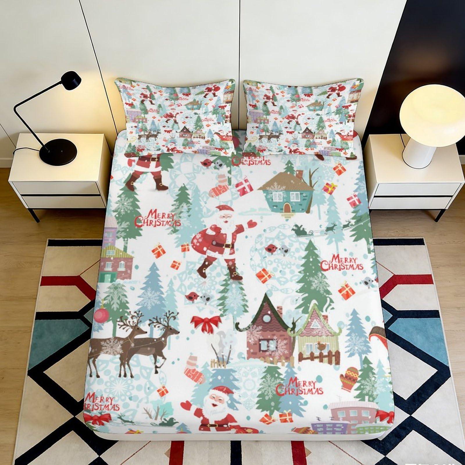 3D Printed Christmas Santa Fitted Sheet Microfiber Soft Festive Reindeer Bed Cover for Bedroom Guest Room Decor 140x200x25cm