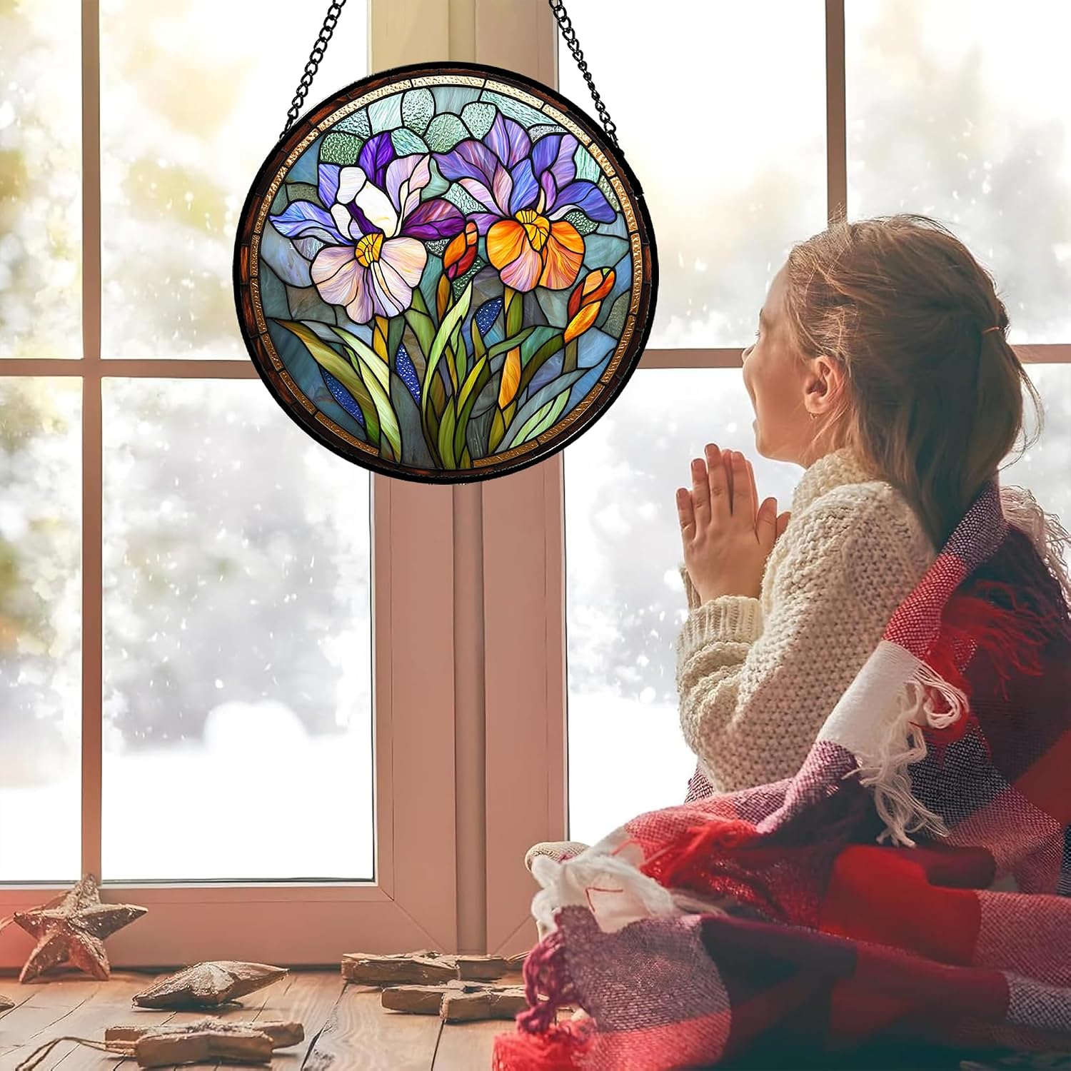 Stained Glass Window Hanging - Yellow Purple Iris Suncatcher for Door Garden Home Decor Birth Flower Sun Catcher Christmas Birthday for Friend Lovers Women Mom Nana 15 in