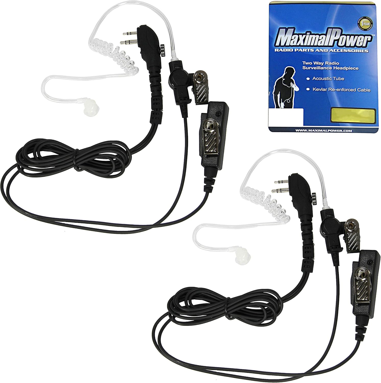 MaximalPower Clear Coil Tube Earbud Headset PTT Mic (2Pack) w/Kevlar HYTERA 2-Pin Plug with Screw