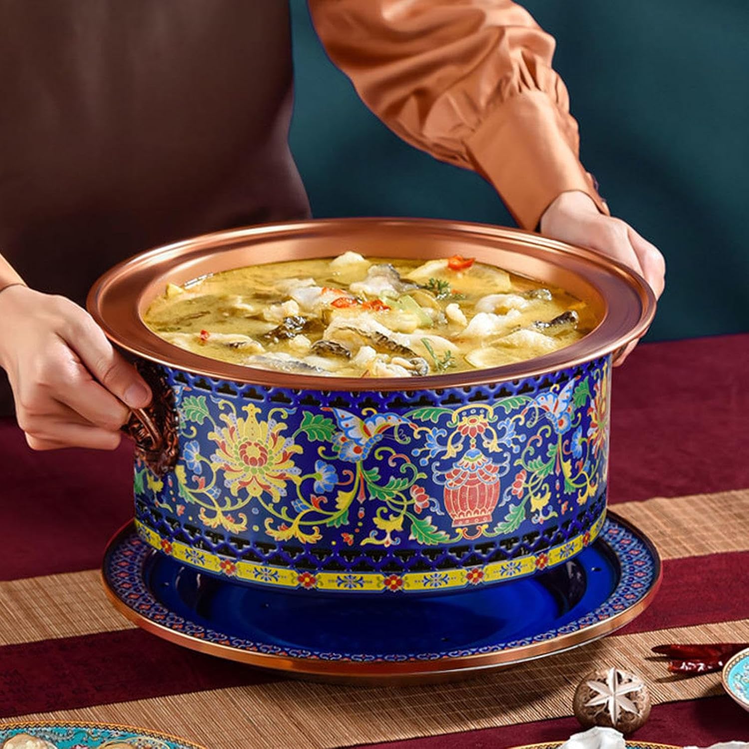 Old Hot Pot,Chinese Copper Hot Pot, Cloisonne Copper Hot Pot Split Type Household Copper Pot Alcohol Pot for Kitchen Catering Parties Hotels Dining,(C)