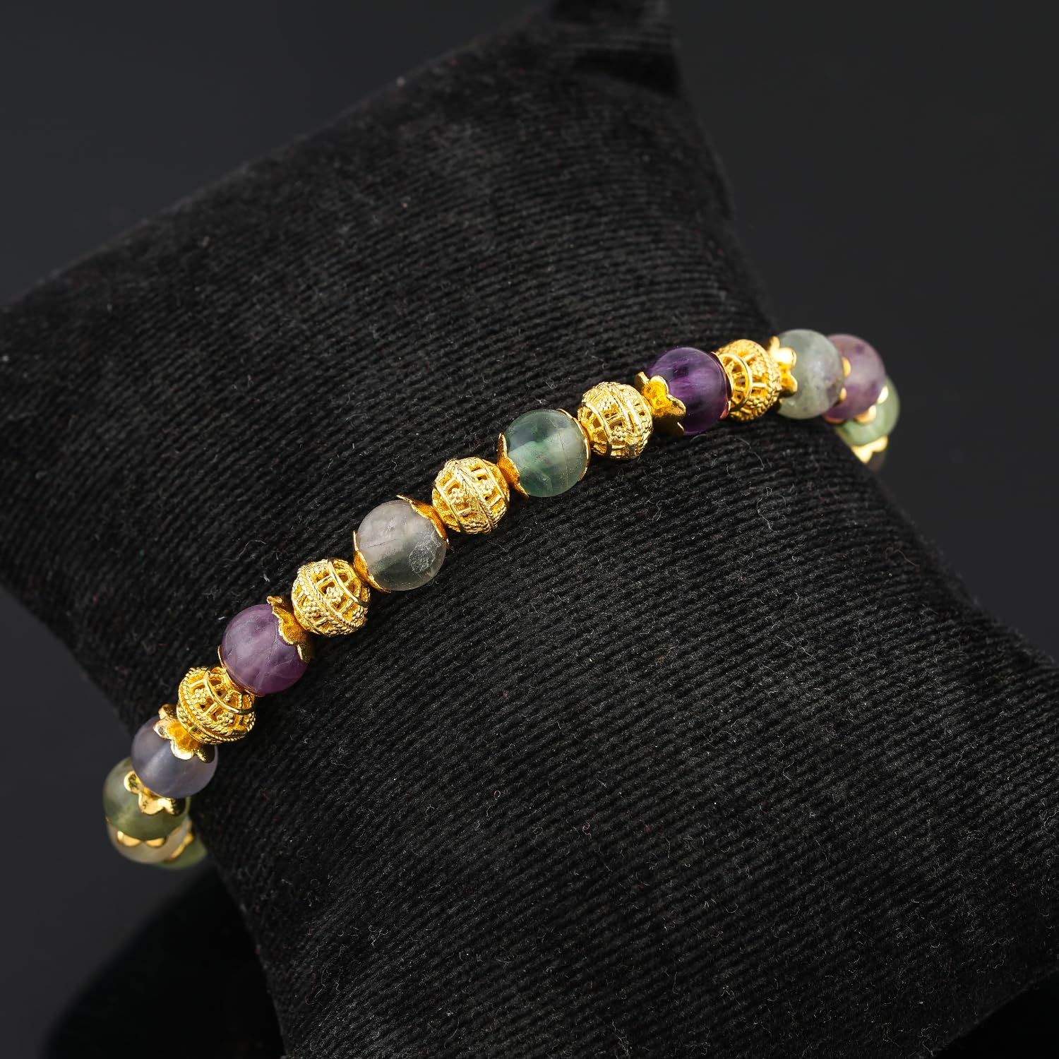 ColouredRocks Ancient Fluorite Beads Bracelet, Beaded Strand, Gemstone Crystals Beads, Trendy Bracelet, Daily Wear Women Jewelry, Gold Plated Slider 10 inch - Image 4