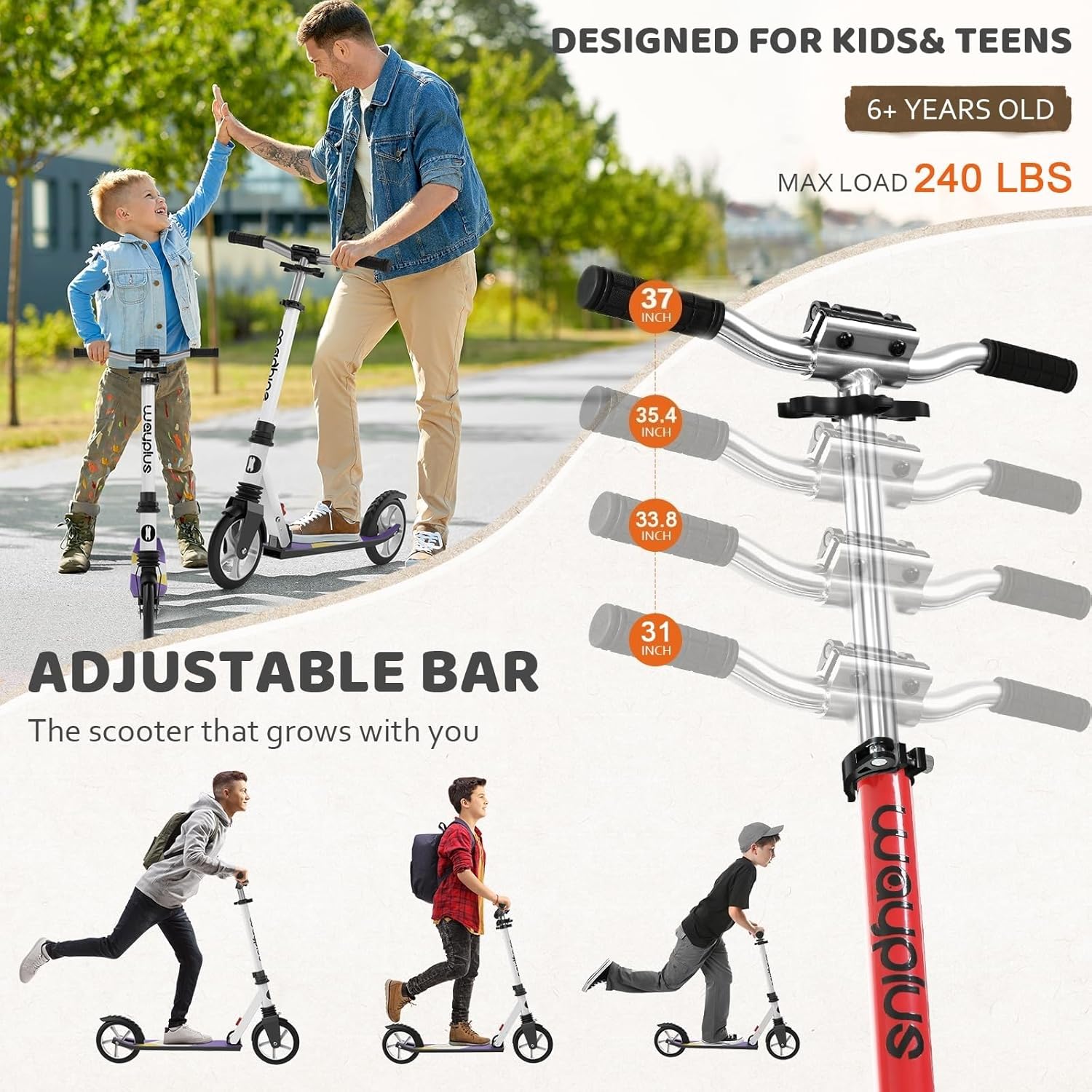 WAYPLUS KS1 Kick Scooter for Ages 6+,Kid, Teens & Adults. Max Load 240 LBS. Foldable, Lightweight, 8IN Big Wheels for Kids, Teen and Adults, 4 Adjustable Levels. Bearing ABEC9 FED Fitness Red