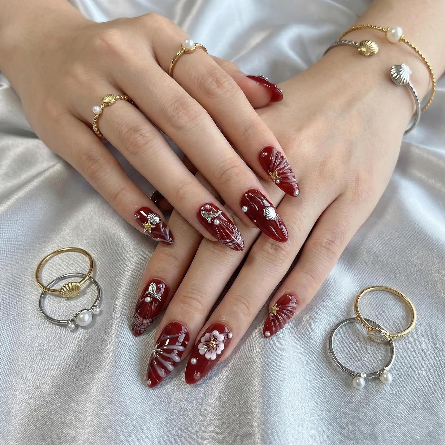 Seeneey Almond Press on Nails | Brown 3D Flower Designs