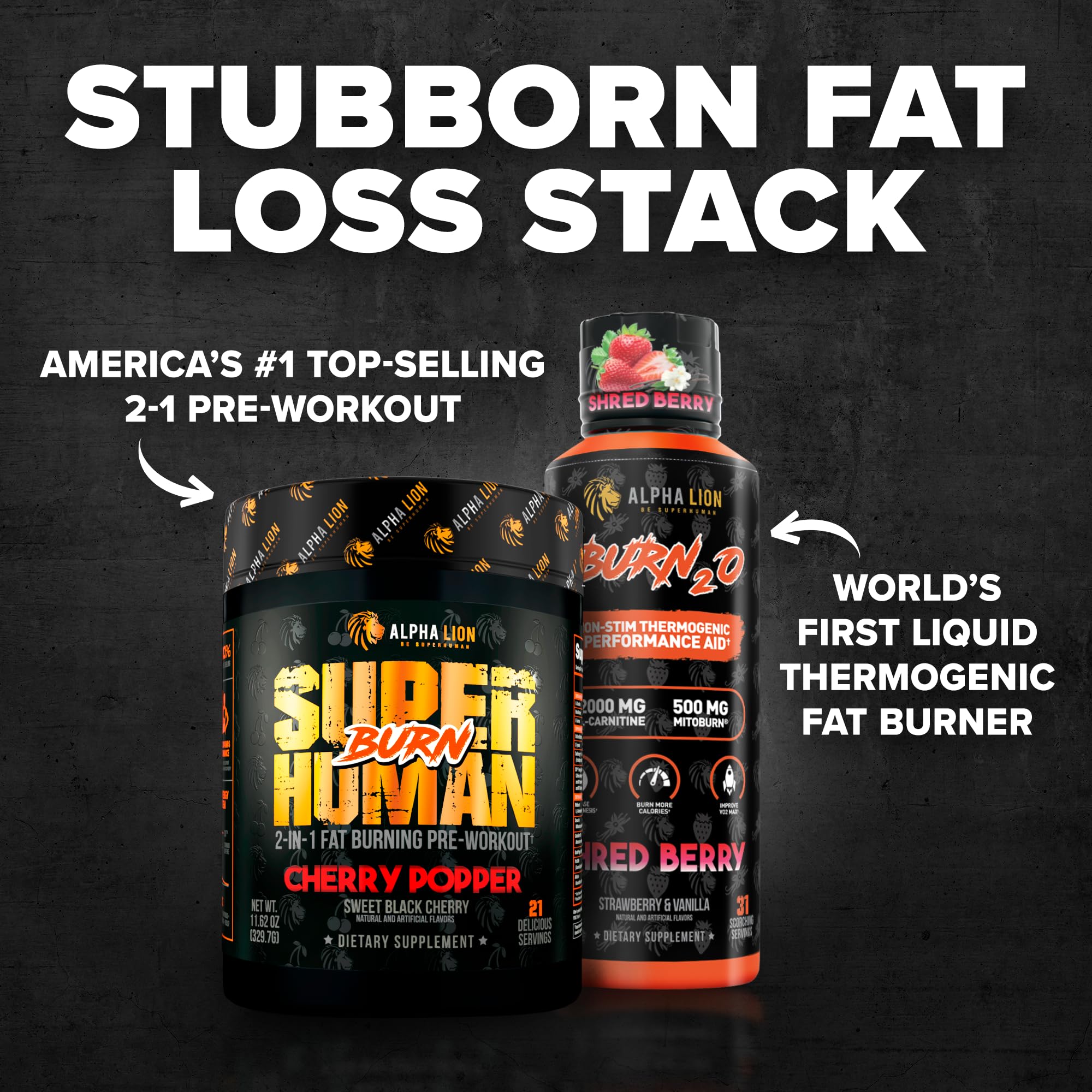 ALPHA LION Stubborn Fat Loss Stack – Superhuman Burn Pre Workout + Burn2O Liquid L-Carnitine 2000mg (Shredberry)– Thermogenic Fat Burner & Energy Supplement for Men and Women : Health & Household