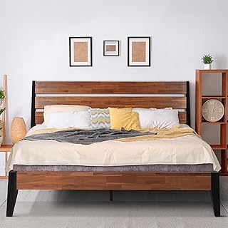 Acacia Emery Bed Frame with Headboard 100% Solid Wood Platform Bed, Scan...