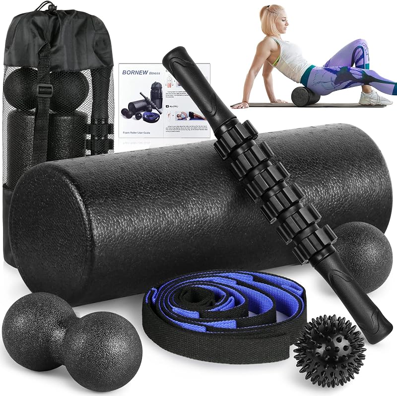 Foam Roller Set - High Density Back Roller, Muscle Roller Stick | Foot Fasciitis Ball, Stretching Strap, Massager Ball for Whole Body Physical Therapy & Exercise, Back Pain, Leg, Deep Tissue