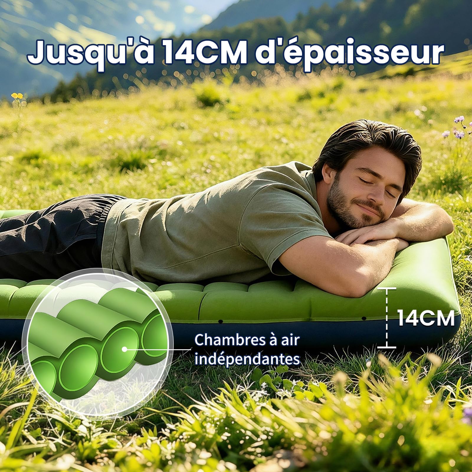 Matelas autogonflant 1 personne de Camping, 12CM Portable Tapis de Autogonflant Ultra Léger, avec Pompe à Pied et Oreiller Intégrés, Anti-Fuite, Adapté à la Randonnée, au Camping et à la Plage