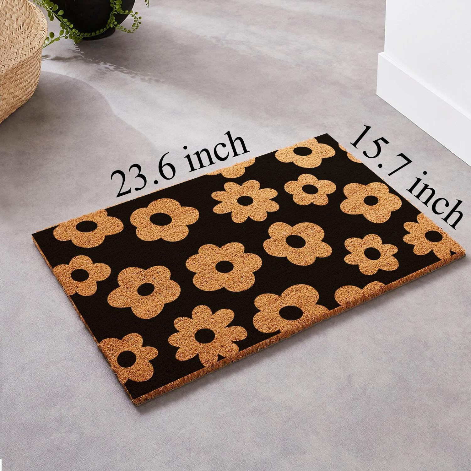 Funny Coir Doormat - Black Summer Floral Flowers Simple Modern Welcome Mat for Porch & Entrance - PVC Backing, Non Slip Outdoor Coconut Coir Rug 23.6x15.7 inch